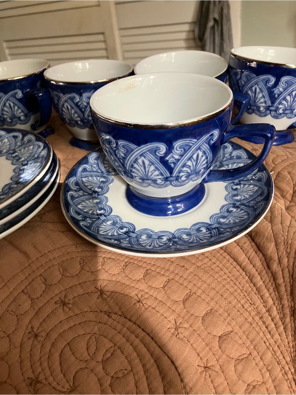 Bombay Co Porcelain Arabesque Tile Cups and Saucers